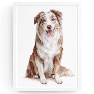 Watercolor Australian Shepherd Dog Portrait Wall Art Print, Unframed